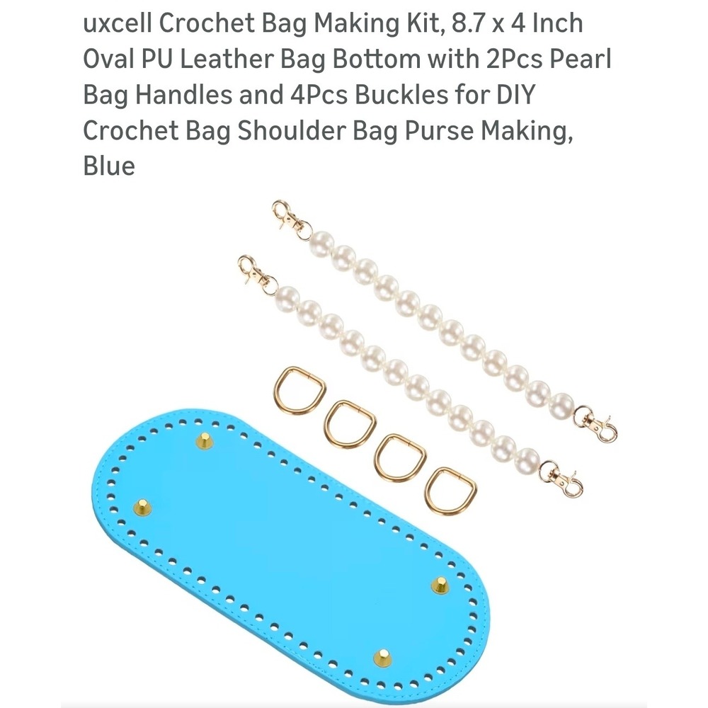 uxcell Crochet Bag Making Kit Blue PU Leather Base‎ Pearl Handles D-Rings DIY